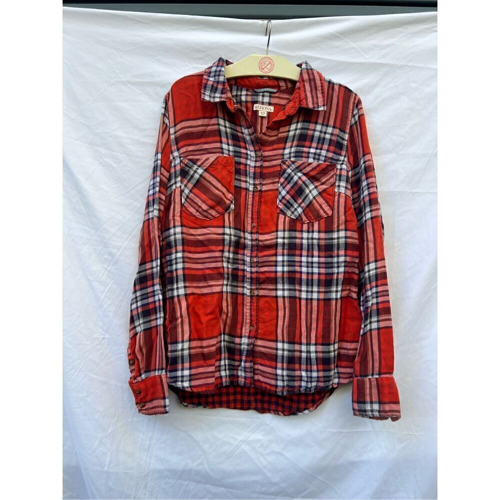Merona Red Plaid Button Up Woman’s Top Size Medium